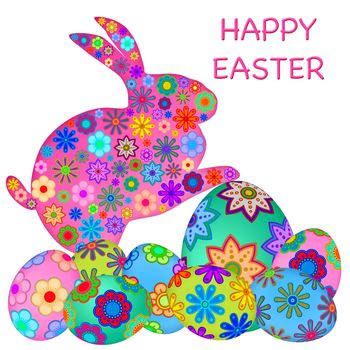 Happy Easter Bunny Rabbit with Colorful Floral Eggs Illustration