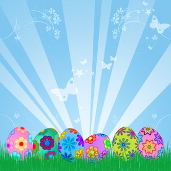 Easter Eggs Hunt with Colorful Floral Design Sky Rays Grass Illustration