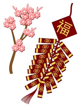 Chinese New Year Firecrackers with Spring Flower Blossoms Illustration