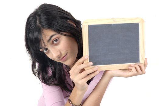 young girl with a blackboard in a white background