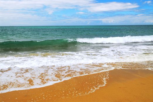 Ocean wave advancing on a yellow sandy beach