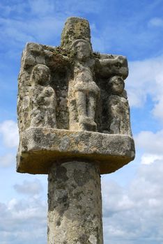 Breton stone cross near Tumulus Saint-Michel church in Carnac, South Brittany, France