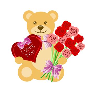 Teddy Bear with Rose Bouquet and Heart Box of Chocolate Illustration