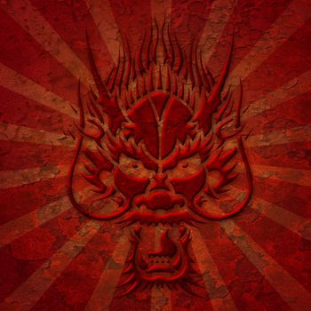 Asian Dragon Head Grunge Texture with Rays Illustration