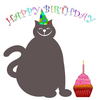 Happy Birthday Cat with Hat Cupcake and Candle Illustration