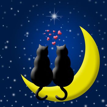 Happy Valentines Day Cats in Love Sitting on Moon and Hearts Silhouette Illustration