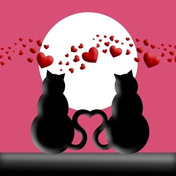 Happy Valentines Day Cats in Love with Moon and Hearts Silhouette Illustration