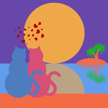 Happy Valentines Day Cats in Love with Moon and Hearts Tropical Illustration