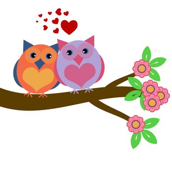 Owls in Love Sitting on Tree Branch with Hearts and Flowers Illustration