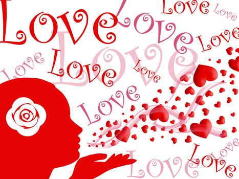 Woman Blowing Kisses of Red Pink Hearts and Love Illustration on White Background