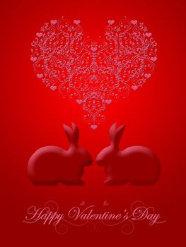 Happy Valentines Day Bunny Rabbit with Pink Hearts and Scrolls Illustration Red Background