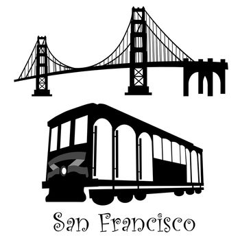 San Francisco Golden Gate Bridge and Cable Car Trolley Illustration Black and White