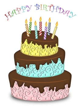 Happy Birthday Three Layer Funny Cake with Colorful Candles Illustration