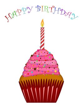 Happy Birthday Cupcake with Pink Frosting and Candle Illustration