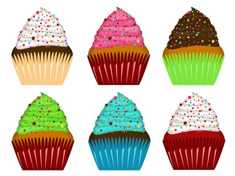Colorful Cupcakes with Frosting and Chocolate Chips Illustration