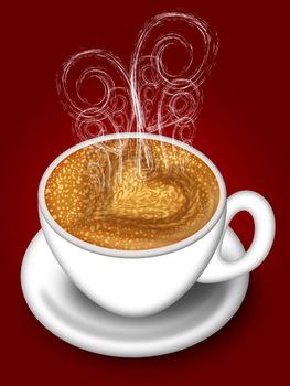 Cup of Latte Cappuccino with Hot Steamy Hearts Illustration on Red