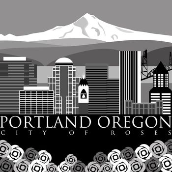 Portland Oregon Downtown Skyline with Mount Hood and River Illustration