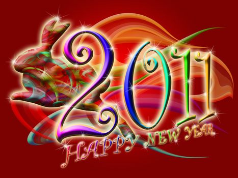 Chinese New Year 2011 Colorful Leaping Rabbit with Swirls Illustration