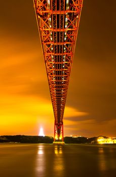 The 25 de Abril Bridge - suspension bridge over the river Tagus illuminated at night. Lisbon Portugal