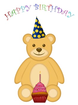 Birthday Teddy Bear with Party Hat and Cupcake Illustration