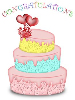 Wedding Cake Tree Tiered with Hearts and Flowers Illustration