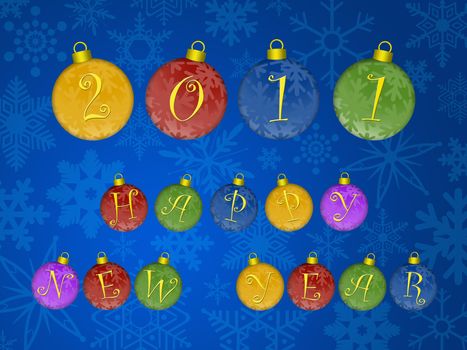 Happy New Year 2011 Text on Colorful Ornaments Illustration Blue Snowflakes Background