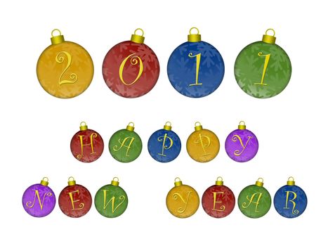 Happy New Year 2011 Text on Colorful Ornaments Illustration