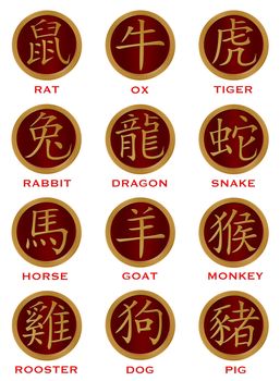 Twelve Chinese New Year Zodiac Gold Red Coins Illustration