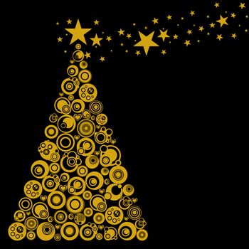 Abstract Christmas Tree with Circles Stars and Hearts Illustration Gold Black