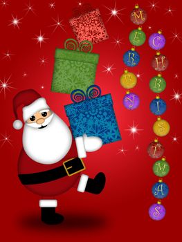 Santa Claus Carrying Stack of Presents Illustration with Merry Christmas Red Background