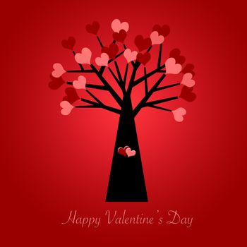 Valentines Day Tree with Red and Pink Hearts Illustration Red Background