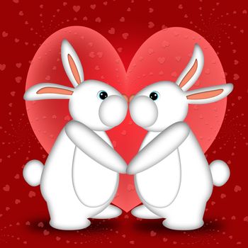 Valentines Day or New Year White Bunny Rabbits Kissing with Hearts Illustration