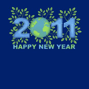 Happy New Year 2011 Go Green Planet with Leaves Blue Background