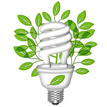 Energy Saving Eco Lightbulb with Green Leaves on White Background