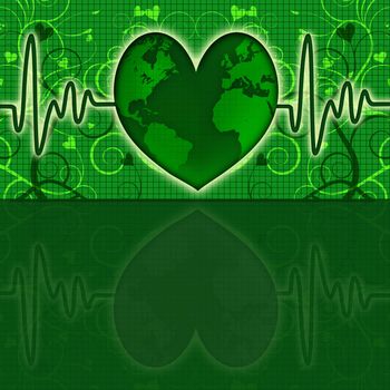 Earth Global Health Map with Green Heart Beat Electrocardiograph