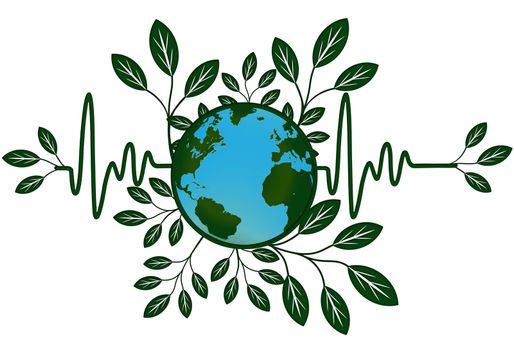 Earth Global Health Map with Go Green Heart Beat Electrocardiograph