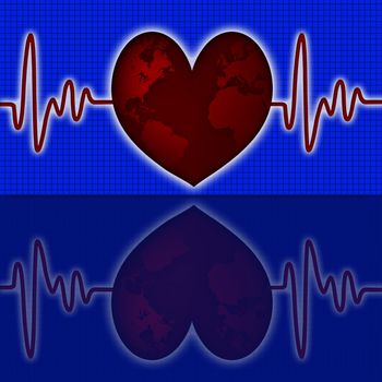 Earth Global Map with Red Heart Beat Electrocardiograph Blue Background