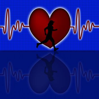 Female Runner Silhouette with Red Heart Beat Electrocardiograph Blue Background