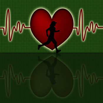 Female Runner Silhouette with Red Heart Beat Electrocardiograph Green Background