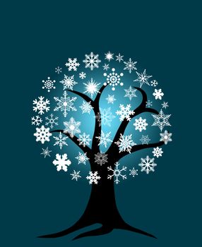 Winter Tree with Snowflakes for Christmas on Blue Background