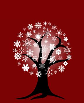 Winter Tree with Snowflakes for Christmas on Red Background