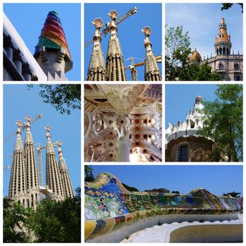 Collage of famous architectural work about Antoni Gaudi, Barcelona, Spain