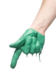 Green painted hand isolated on white background