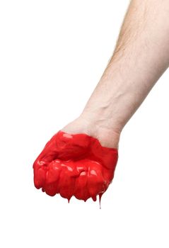 Red painted fist isolated on white background