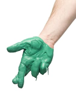 Green painted hand isolated on white background