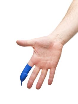 Hand with blue paint on one finger isolated on white background