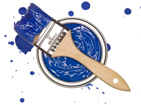 Blue Paintcan and brush from above isolated on a spotted background