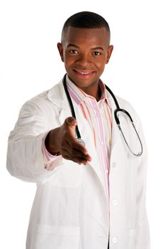 Handsome friendly male physician doctor nurse reaching out handshake ready to shake hands with stethoscope, isolated.