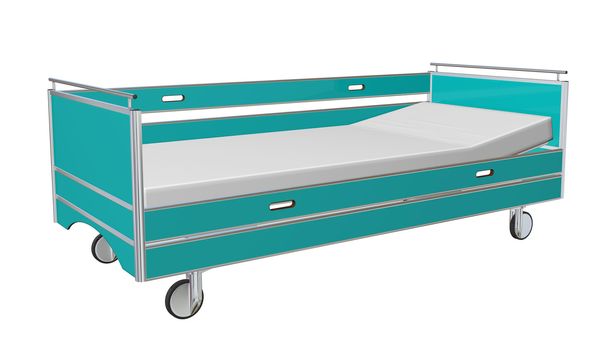 Green and grey mobile children's hospital bed with recliner and side guards, 3D illustration, isolated against a white background