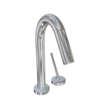 Modern faucet with chrome or stainless steel finishing, with fine lever, 3d illustration, isolated against a white background. Kitchen fixtures.